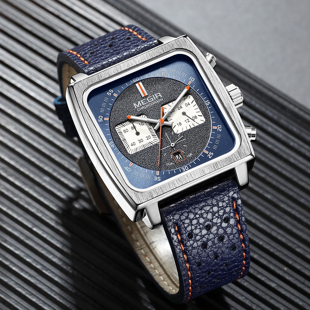 MEGIR Watches for Men Luxury Black Sports Casual Chronograph Waterproof Calendar Square Dial Wristwatches with Date Clock 2182